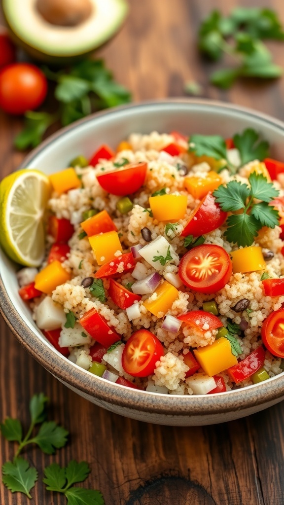 Quinoa and Jicama Salad Recipe A colorful quinoa salad with jicama, bell peppers, and cherry tomatoes, garnished with cilantro and lime.